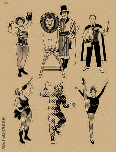 Circus Vintage Collection. The Lion Tamer, The Clown, The Circus Strong Woman, The Circus Magician, The Circus Fire Eater, The Gymnast Girl. Vector illustration.