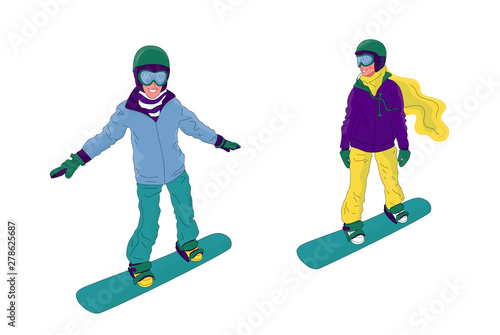 Couple of young people, man and woman, are snowboarding.