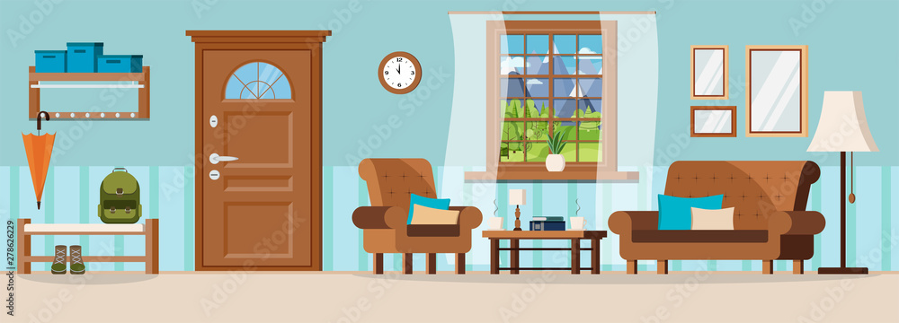 Φωτογραφία Cozy hallway with furniture, closed door, window view of summer mountain landscape