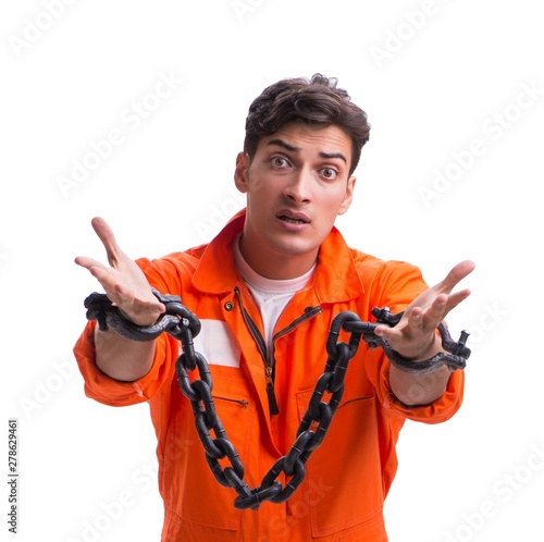 Prisoner with his hands chained isolated on white background photo