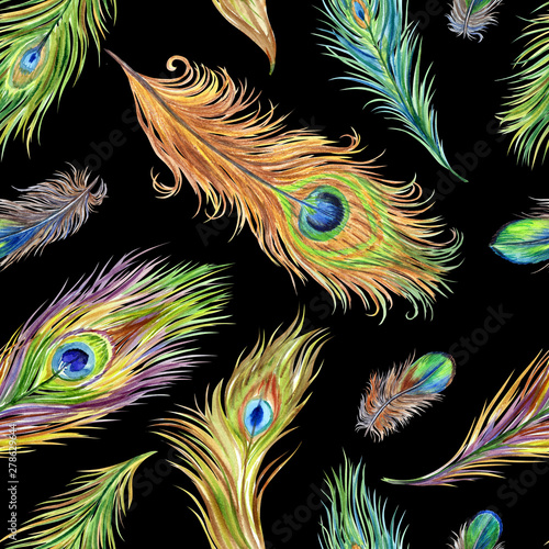 Seamless pattern of multi-colored peacock feathers on a black background  watercolor illustration  print for fabric and other designs.