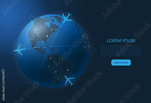 World flight map. Vector image of a global map with lights in the form of cities of the world. The end of the organization of air transportation. Easy to edit