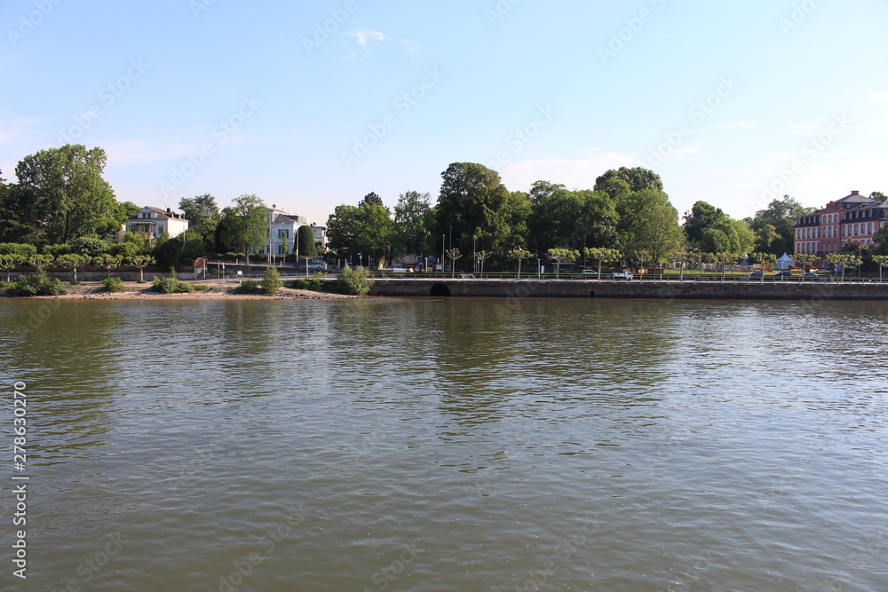 Houses on water on Rhine river in Wiesbaden Houses on water on Rhine river in Wiesbaden