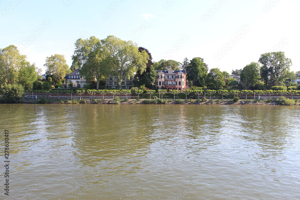 Houses on water on Rhine river in Wiesbaden