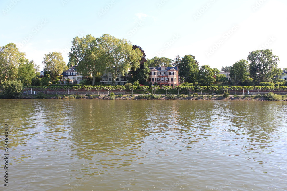 Houses on water on Rhine river in Wiesbaden Houses on water on Rhine river in Wiesbaden