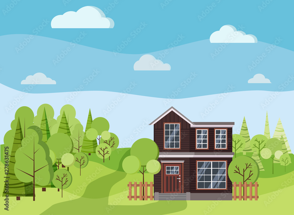 Summer or spring background landscape with two-storied house with fences, green trees, spruces, clouds, road Summer or spring background landscape with two-storied house with fences, green trees, spruces, clouds, road