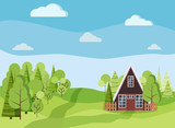 Summer or spring landscape with a-frame house with fences, green trees, spruces, clouds, road