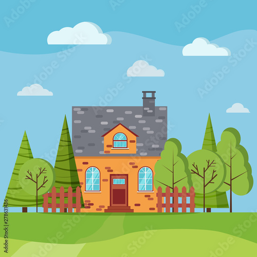 Spring or summer landscape with cartoon brick farm house with fences, green trees, spruces, fields, clouds