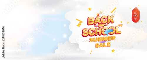 Summer Sale 50% offer for Back to School. Original Font inscription with paper airplane against the sky with clouds. Vector education concept.