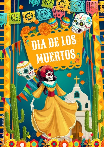 Day of Dead catrina calavera woman and paper flags