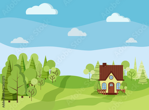 Summer spring green landscape background with country rural farm house with chimney and attic