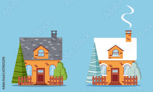 Set of isolated rural farm red brick houses with attic, chimney, fences, with winter and summer trees and spruces