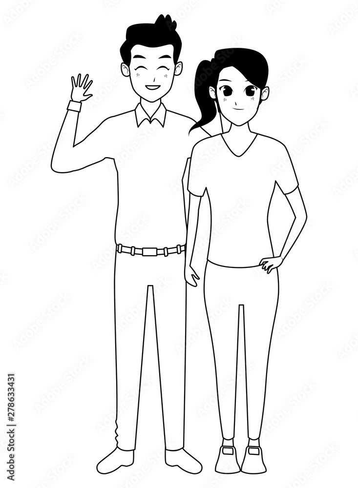 Young adult couple greeting cartoon in black and white Young adult couple greeting cartoon in black and white