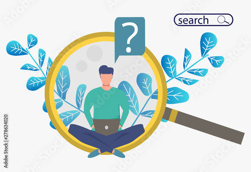 Search for information or a potential Internet candidate. Metaphor banner with a man sitting on a huge magnifier with a computer. Vector illustration colorful search button.