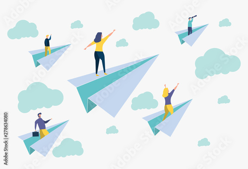 Career success, office workers flying on paper planes. Achieve success and goals in business. Colorful illustration. Career for woman or man
