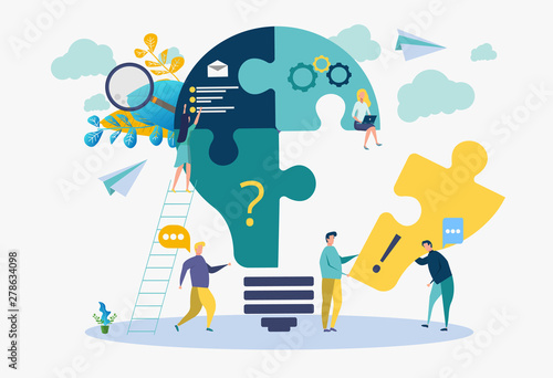 Metaphor of the birth of a creative business idea. business concept analysis. A vector illustration of people putting a lamp out of puzzles.