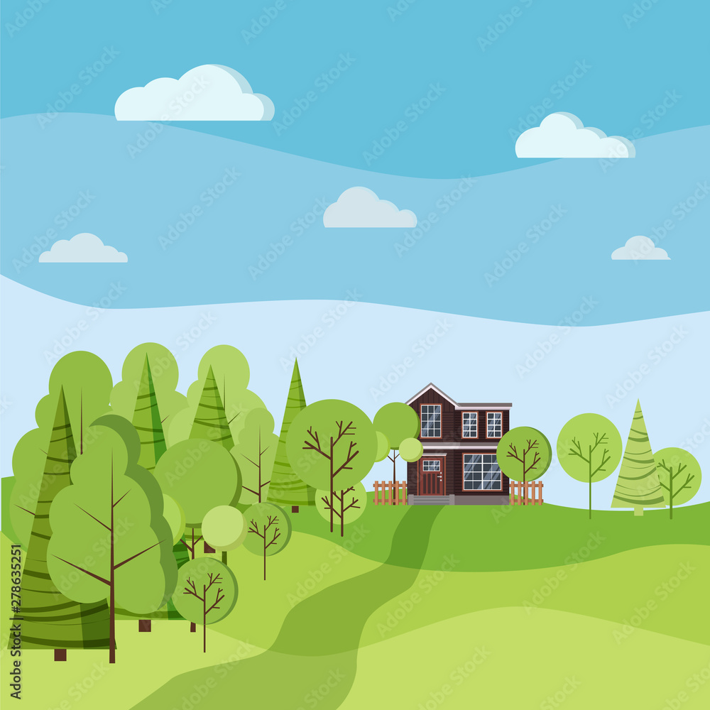 Summer or spring background landscape scene with country two-storied house with fences
