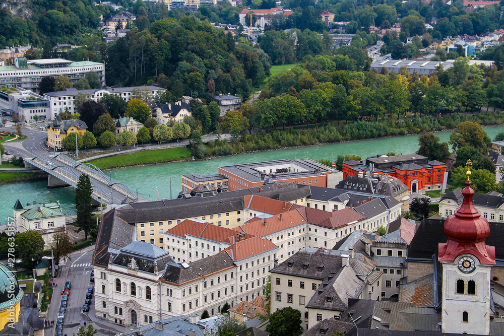 Aerial view of the city of Salzburg (Austria) and the Danube River