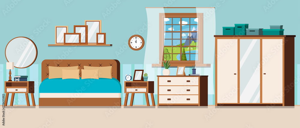 Bedroom with window view of summer day landscape with blue lake and furniture