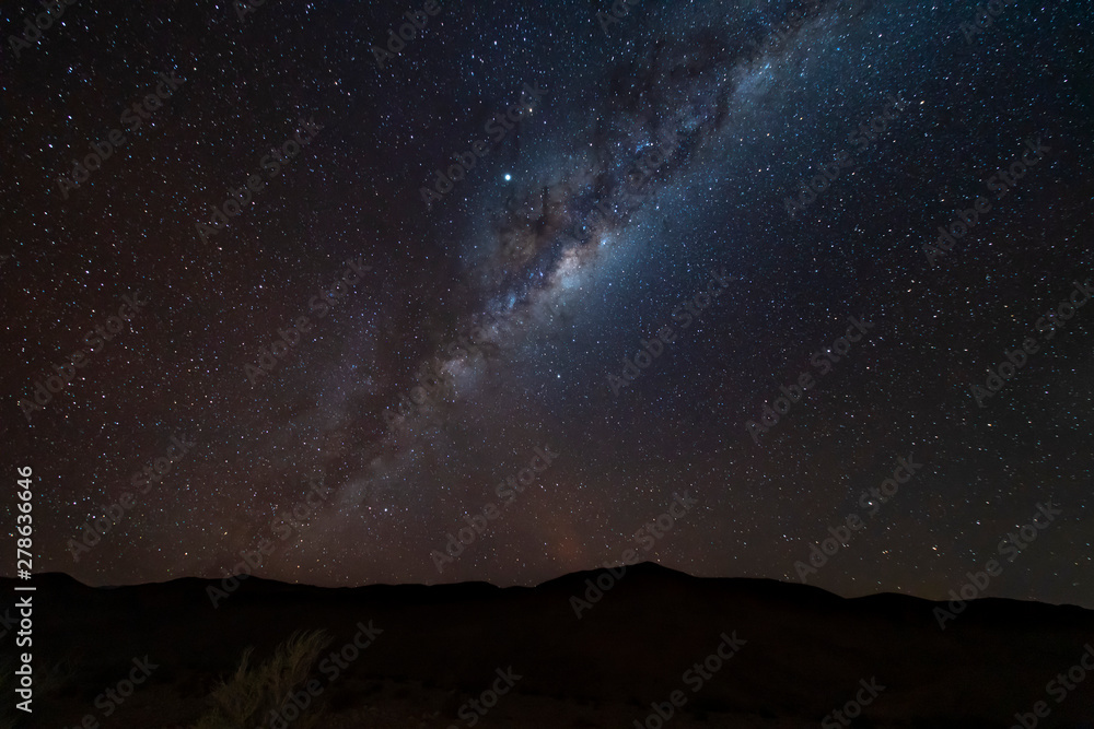 An amazing night sky at Atacama Desert.The milky way over us and Atacama mountains, just an awe nightscape over our base camp inside Atacama arid desert. Amazing view over Sagittarius night stars
