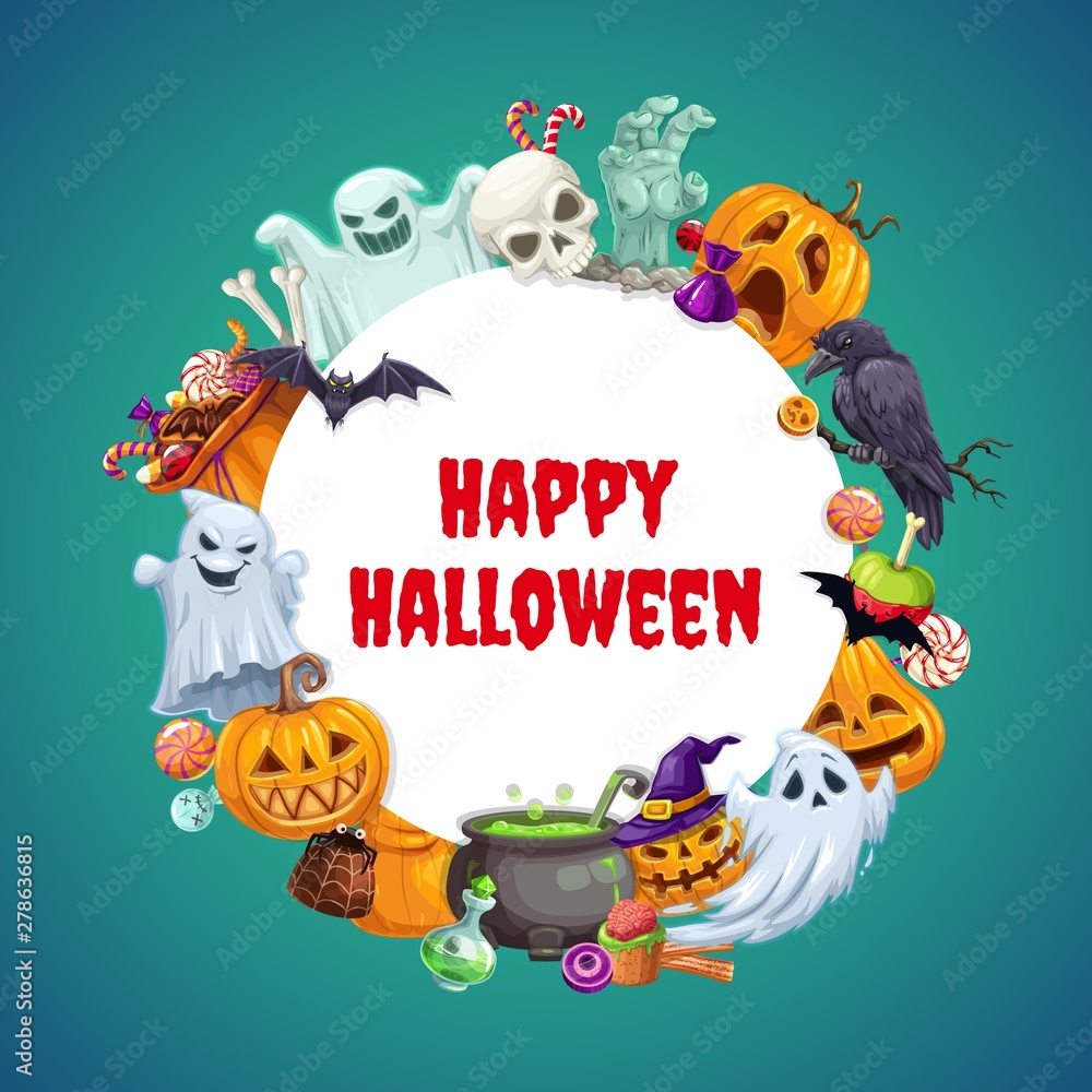 Fototapeta premium Halloween symbols frame. Ghosts, pumpkins, sweets