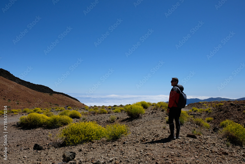 Man on dry volcanic mountain landscape surrounded by yellow flow
