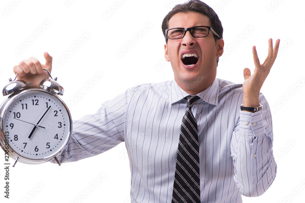 Young businessman in time management concept on white background Young businessman in time management concept on white background
