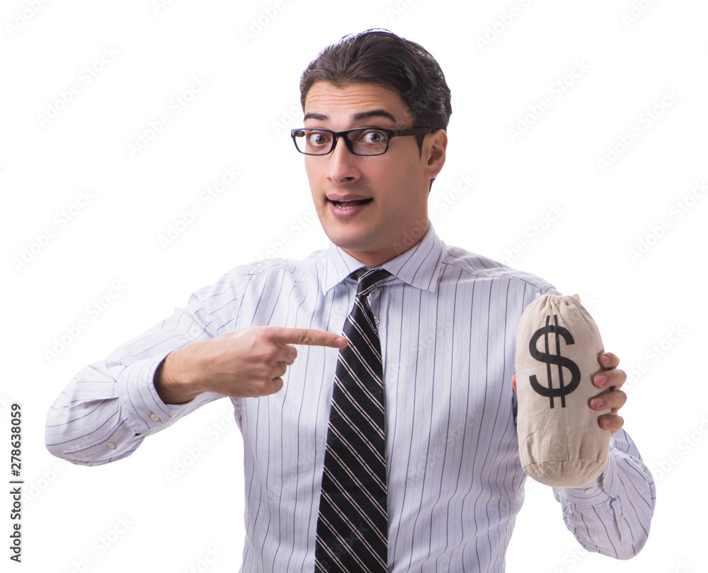 Young businessman with money sack isolated on white background Young businessman with money sack isolated on white background