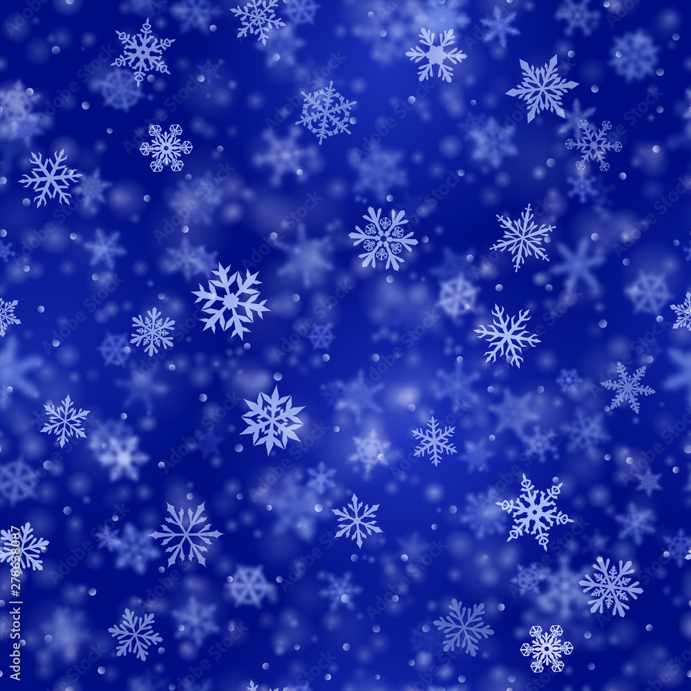 Christmas seamless pattern of complex blurred and clear falling snowflakes in blue colors with bokeh effect Christmas seamless pattern of complex blurred and clear falling snowflakes in blue colors with bokeh effect