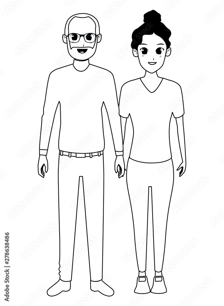 Family father with adult daughter cartoon in black and white