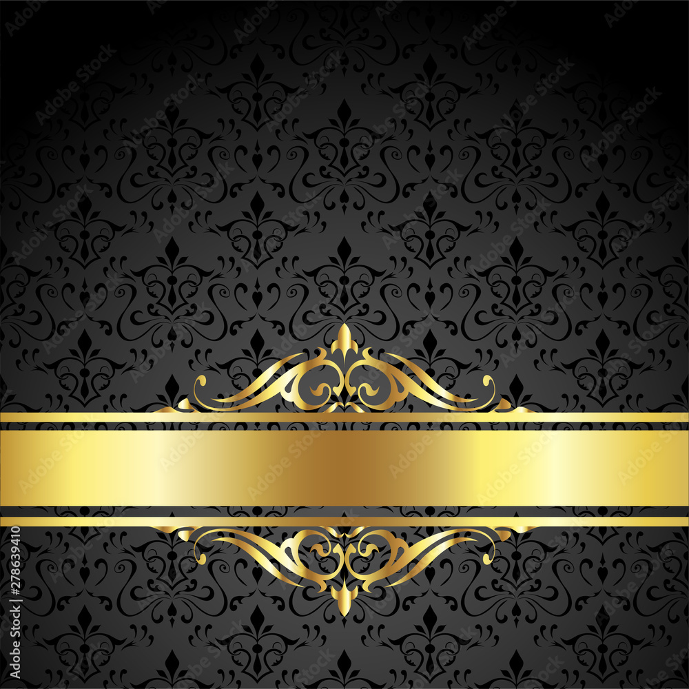 Seamless black floral wallpaper with golden ribbon. Vector illustration
