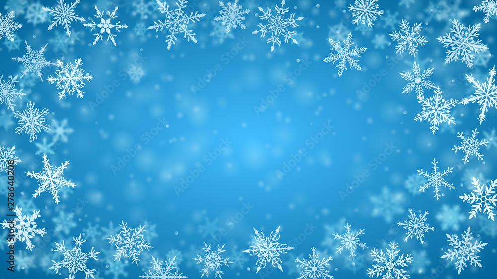 Christmas background of complex blurred and clear falling snowflakes in light blue colors with bokeh effect Christmas background of complex blurred and clear falling snowflakes in light blue colors with bokeh effect