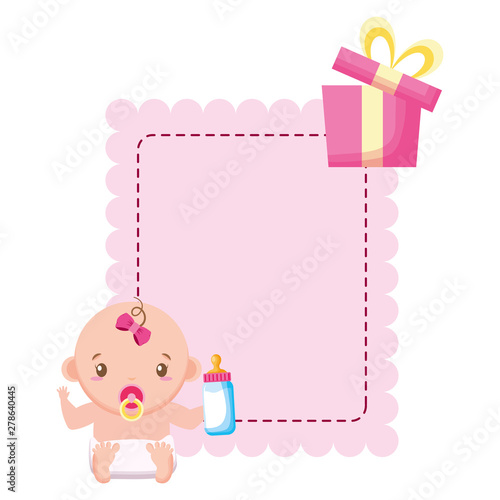 cute girl in diaper with bottle and gift baby shower