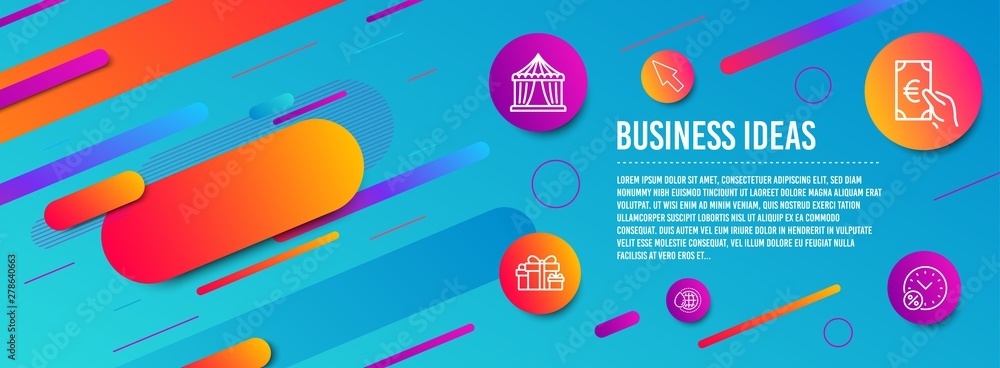 Header banner. Circus tent, Finance and Mouse cursor icons simple set. World water, Holiday presents and Loan percent signs. Attraction park, Eur cash. Business set. Line circus tent icon. Vector Header banner. Circus tent, Finance and Mouse cursor icons simple set. World water, Holiday presents and Loan percent signs. Attraction park, Eur cash. Business set. Line circus tent icon. Vector