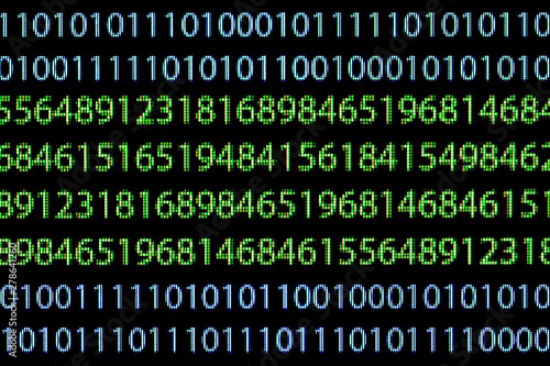 Blue binary code and random green numbers isolated on black. Closeup photography with visible pixels. Computer screen hacker background.