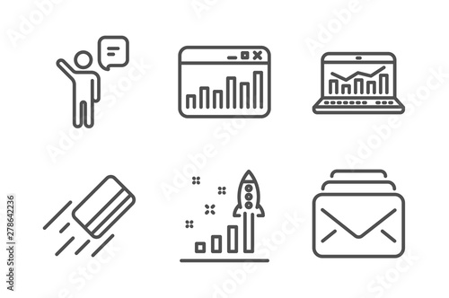 Marketing statistics, Development plan and Agent icons simple set. Web analytics, Credit card and Mail signs. Web analytics, Strategy. Education set. Line marketing statistics icon. Editable stroke