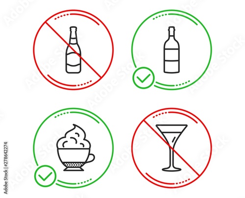 Do or Stop. Wine bottle, Beer bottle and Cappuccino cream icons simple set. Martini glass sign. Cabernet sauvignon, Brewery, Coffee with whipped cream. Wine. Food and drink set. Vector