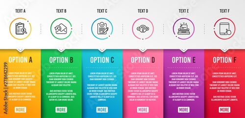 Rfp, Accounting report and Quiz test icons simple set. Send mail, Typewriter and Tablet pc signs. Request for proposal, Check finance. Education set. Infographic template. 6 steps timeline. Vector