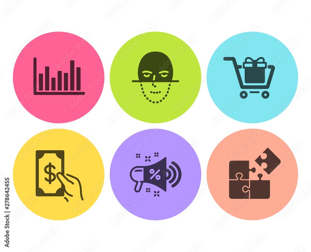 Shopping cart, Receive money and Sale megaphone icons simple set. Bar diagram, Face recognition and Puzzle signs. Gift box, Cash payment. Business set. Flat shopping cart icon. Circle button. Vector Shopping cart, Receive money and Sale megaphone icons simple set. Bar diagram, Face recognition and Puzzle signs. Gift box, Cash payment. Business set. Flat shopping cart icon. Circle button. Vector