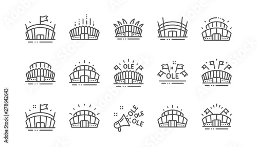 Sports stadium line icons. Ole chant, arena football, championship architecture. Arena stadium, sports competition, event flag icons. Sport complex linear set. Vector photo