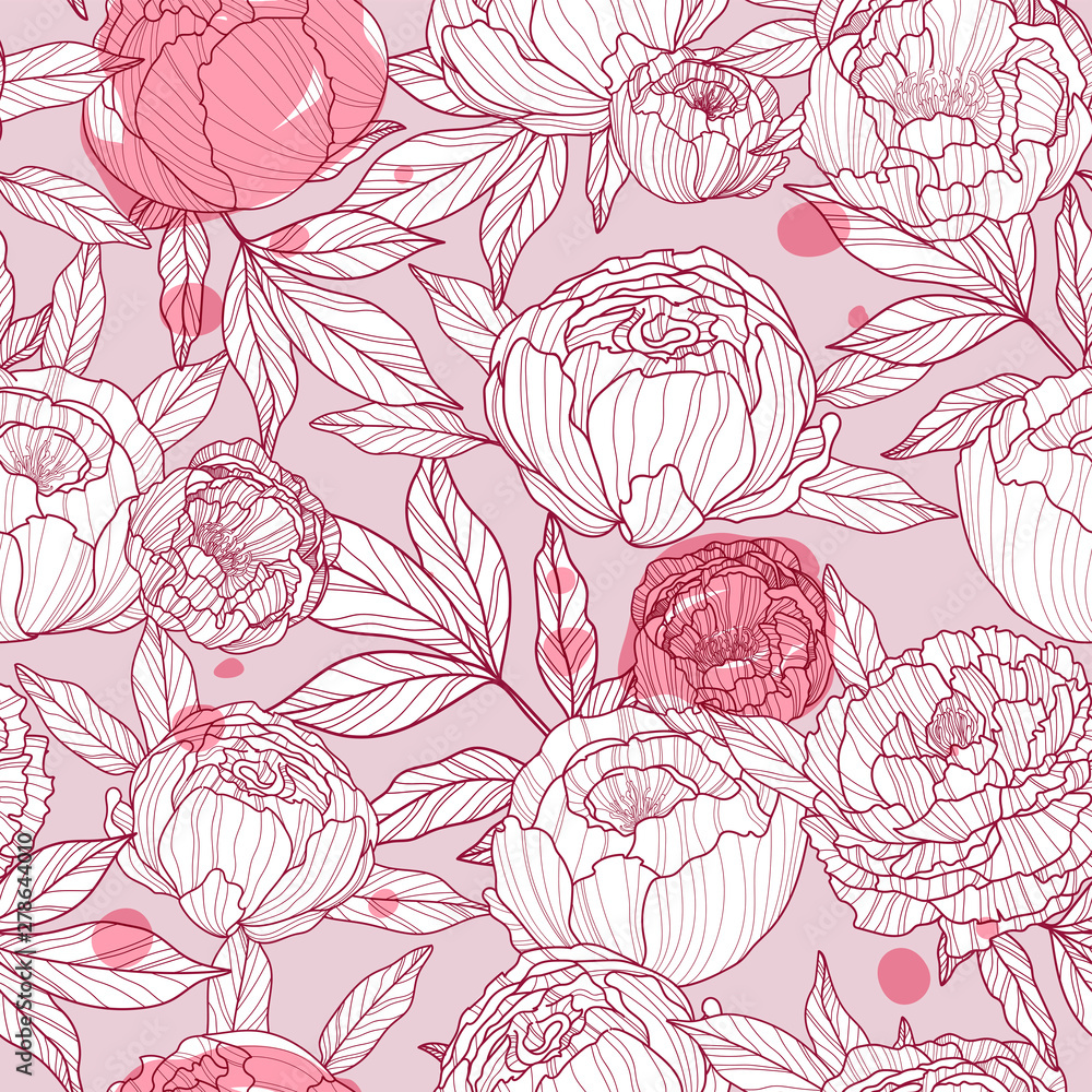 Seamless pattern of golden peonies, vector Seamless pattern of golden peonies, vector