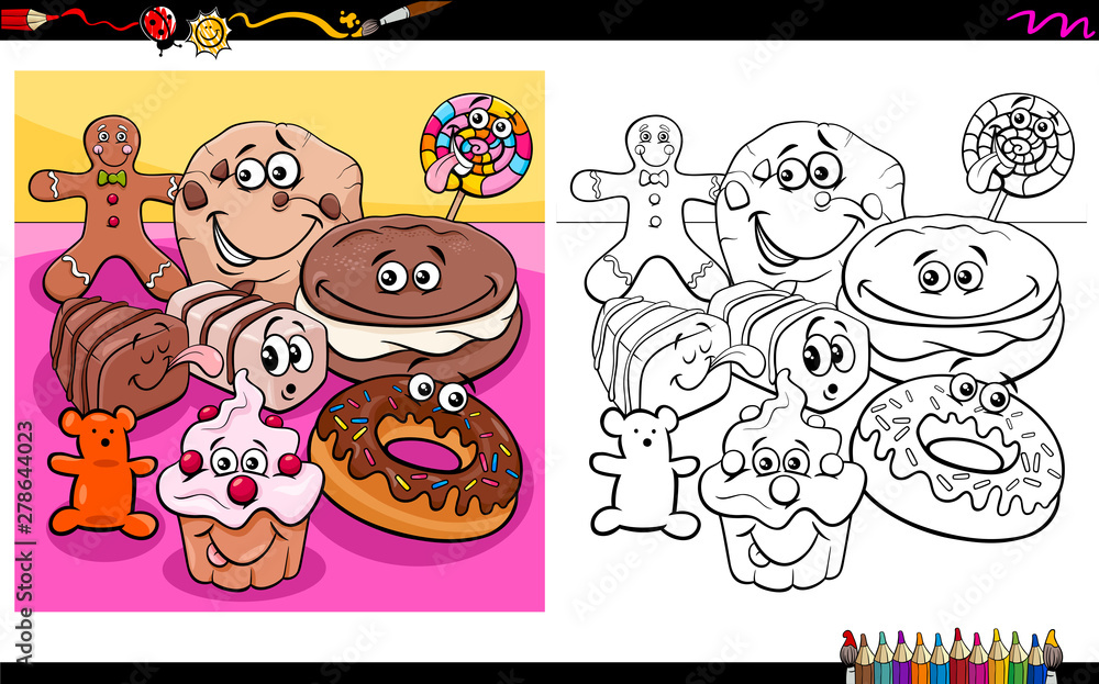Naklejka premium sweet food characters coloring book