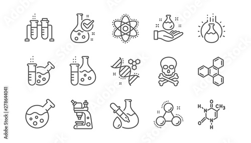 Chemistry lab line icons. Chemical formula, Microscope and Medical analysis. Laboratory test flask, reaction tube, chemistry lab icons. Linear set. Vector