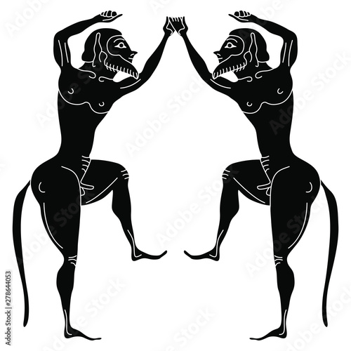 Symmetrical decor with two dancing ancient Greek satyrs. Black and white silhouette.