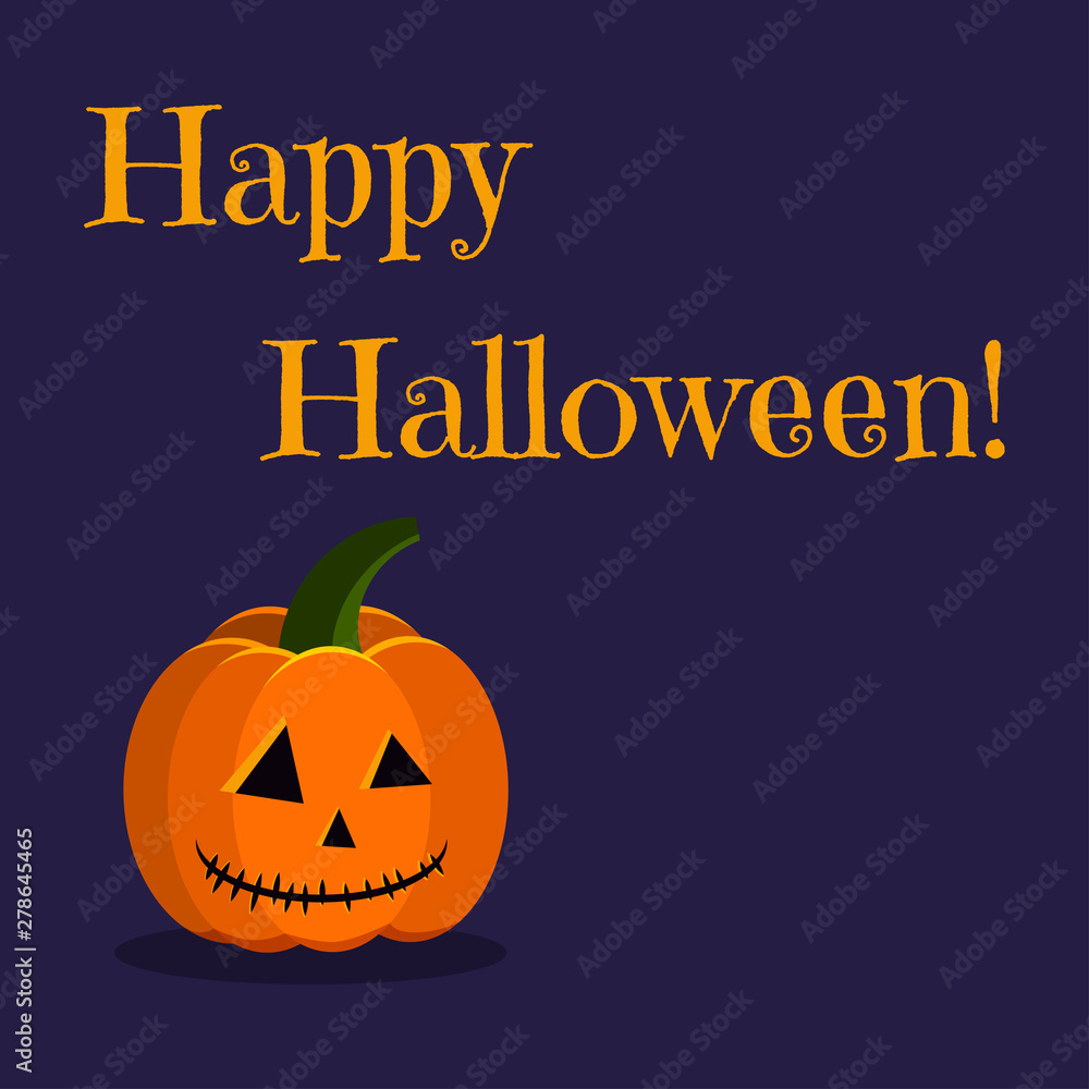 Happy Halloween greeting card with cute holiday character orange pumpkin jack lamp Happy Halloween greeting card with cute holiday character orange pumpkin jack lamp