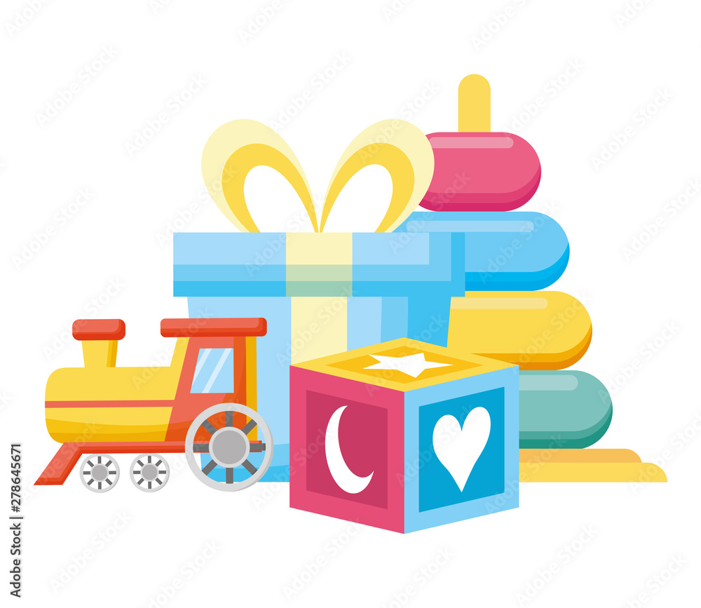 pile rings and block with train baby toys icons pile rings and block with train baby toys icons