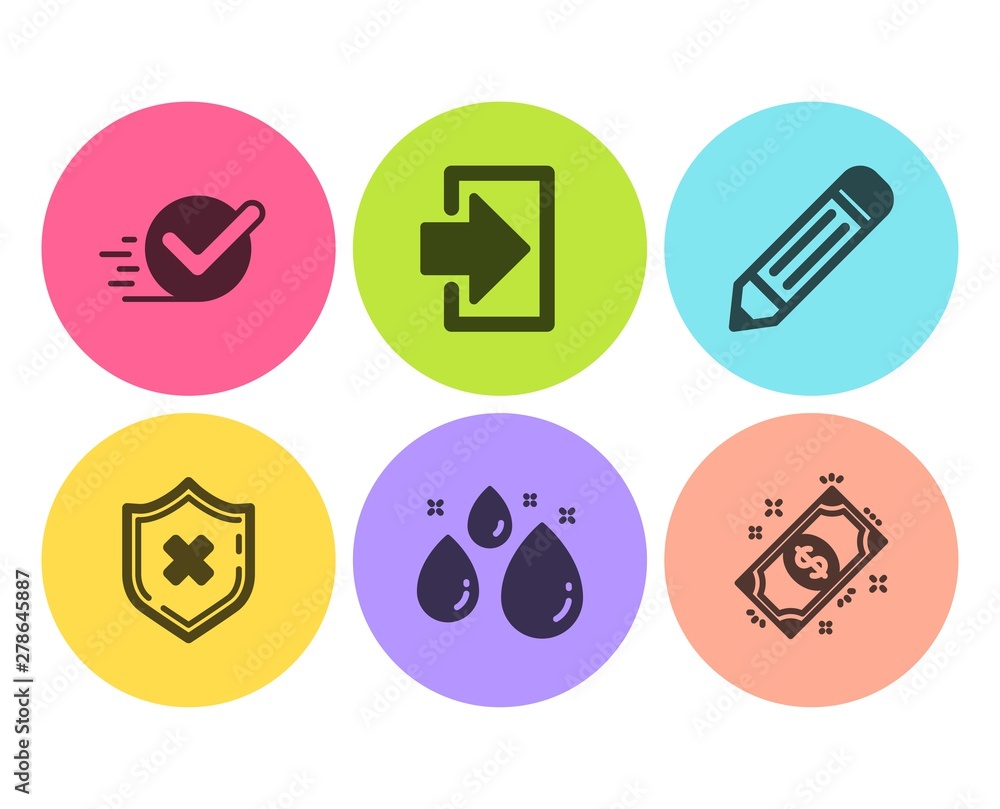Pencil, Reject protection and Login icons simple set. Water drop, Checkbox and Payment signs. Edit data, No security. Business set. Flat pencil icon. Circle button. Vector Pencil, Reject protection and Login icons simple set. Water drop, Checkbox and Payment signs. Edit data, No security. Business set. Flat pencil icon. Circle button. Vector