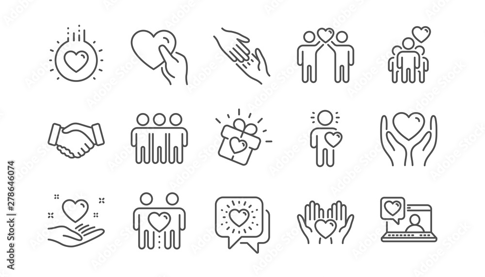 Friendship and love line icons. Interaction, Mutual understanding and assistance business. Trust handshake, social responsibility icons. Linear set. Vector