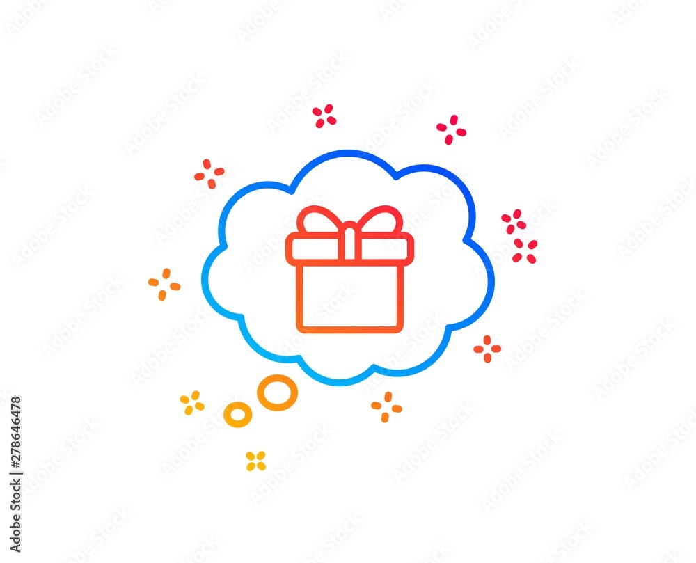 Dreaming of Gift line icon. Present box in Comic speech bubble sign. Birthday Shopping symbol. Package in Gift Wrap. Gradient design elements. Linear gift dream icon. Random shapes. Vector