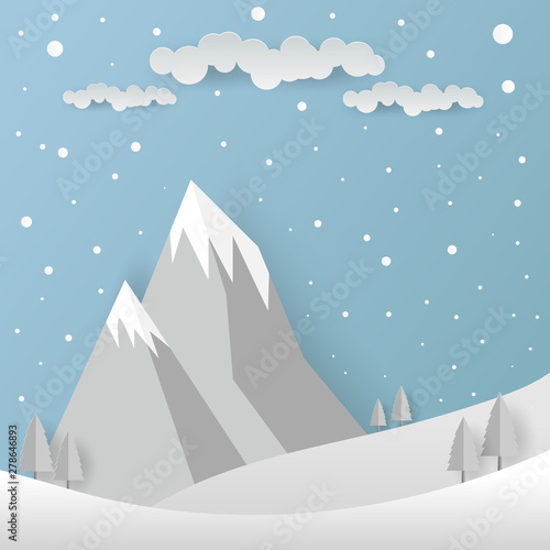 Pine in forest with snow in christmas and winter season, paper art and digital craft style.